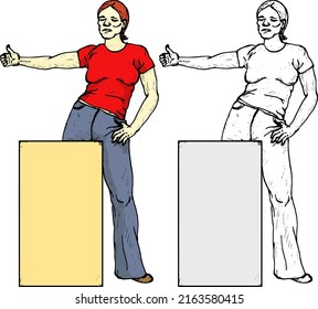 Female hitchhiker with thumbs up gesture and blank signboard, isolated against white. Hand drawn vector illustration.