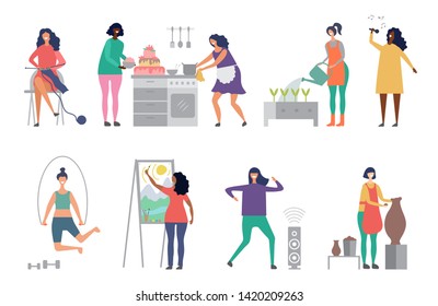 Female hobbies vector. Artist, singer, potter woman characters vector illustrations. Craft hobby, painter and sculptor, woman cook cake