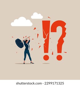 Female hold sledgehammer crash huge red question mark and exclamation point find business solution to problem. Flat vector illustration