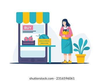 Female holding bag with groceries, looking at mobile screen, choose food. Cartoon character buying goods on internet sale. Online shopping practice. Electronic commerce benefits. Vector illustration