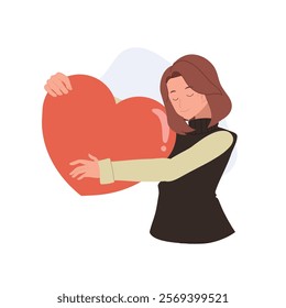 female holding big red heart as a symbol of self-love, care, and emotional support