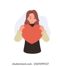 female holding big red heart as a symbol of self-love, care, and emotional support