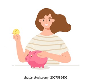 Female holding coin to insert to piggy bank on the table. Concept of saving money, investment, financial management, banking, economy, currency. Flat vector illustration cartoon character.