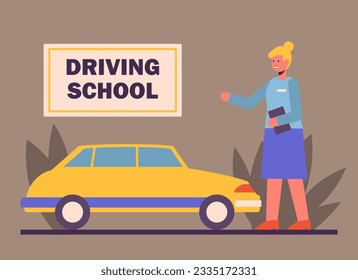 Mujeres sosteniendo documentos e yendo a clases de manejo. Etapas de aprendizaje en la escuela de conducción. Teoría y práctica. Preparación para obtener la licencia de conducir. Ilustración vectorial plana