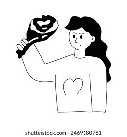 Female holding fresh meat, excited about delicious dinner, character illustration
