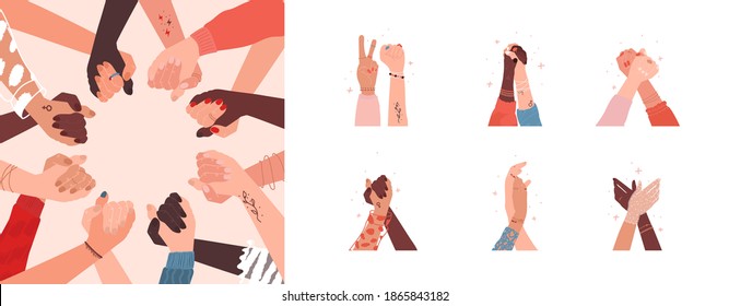 Female holding hands. Multicultural girls friendship concept. Collection with different hand gestures and magic around. Sisters standing up against discrimination. Feminine tattoo. Girl diverse