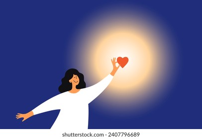 Female holding heart in hands lights up night dark. Sharing love, charity, donate vector illustration. Donation, help care, donor, empathy, helping hand concept. Young woman lighting darkness by love