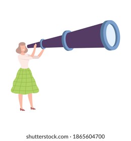 Female Holding Huge Telescope Searching and Investigating Vector Illustration