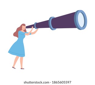 Female Holding Huge Telescope Searching and Investigating Vector Illustration