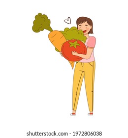 Female Holding Huge Vegetables as Source of Vitamin and Energy Vector Illustration