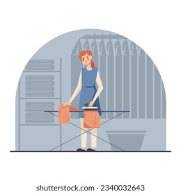 Female holding an iron and ironing clean clothes. Laundry worker at work. Clean dirty clothes service. Dry cleaning concept. Flat vector illustration in gray and orange colors