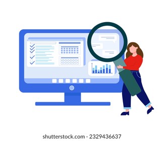 Female holding magnifying glass and looking at computer screen. Planning and performing tasks concept. Fixation of project implementation, time control. Vector flat illustration in blue colors