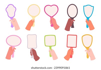 Female holding mirrors. Hands with mirror, self love and acceptance. Make up process, looking in tiny mirror. Mental health racy vector metaphor