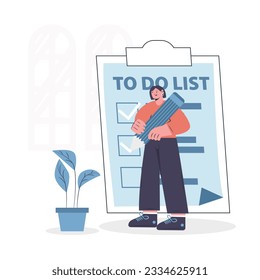 Female holding pencil and check to-do list. Managing time efficiently by juggling different tasks simultaneously. Wise timing concept. Flat vector illustration in cartoon style