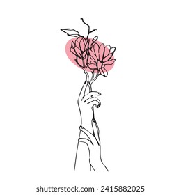 Female holding a plant in the hands , one line art illustration, continues line art, aesthetic background, social media post, aesthetic design, boho	
