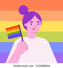 Female holding pride flag. Rainbow background. Vector illustration. Pride month concept
