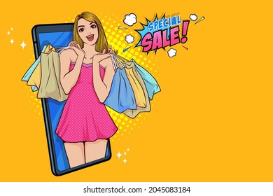 female holding shopping bag feeling happy online store discount promotion  Pop Art Comic Style