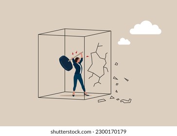 Female holding sledgehammer to break glass cube. Flat vector illustration
