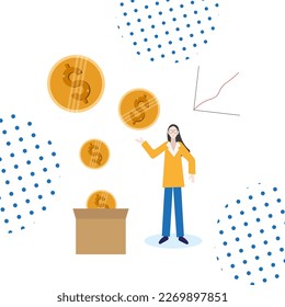 A female holds a coin in her hand, coins fall into the box next to the growth chart. The concept of investment. Flat vector illustration