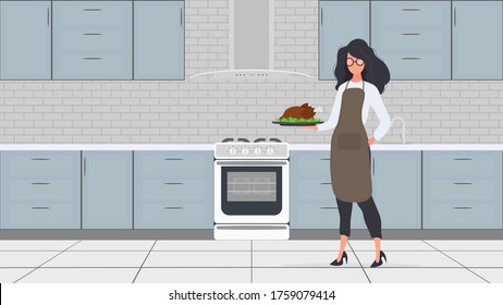 A female holds a roast turkey in her hand. A girl in a kitchen apron holds a fried chicken. Good for banners and articles on the culinary theme. Vector.