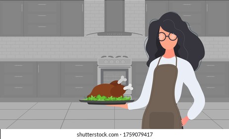 A female holds a roast turkey in her hand. A girl in a kitchen apron holds a fried chicken. Good for banners and articles on the culinary theme. Vector.