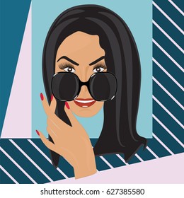 Female holds sunglasses slightly opening eyes. Business woman.