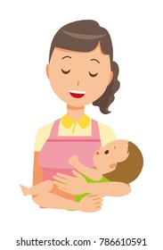 A female home helper wearing an apron hugs a baby