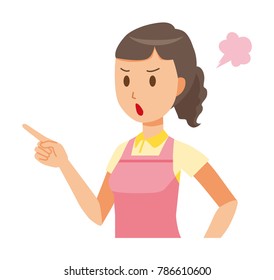 A female home helper wearing an apron is angrily pointing to a finger
