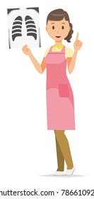 A female home helper wearing an apron has an X-ray picture