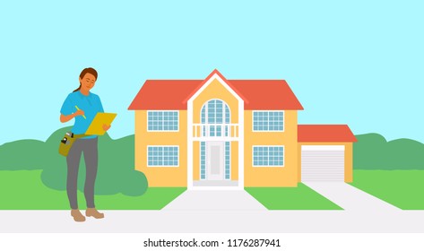 Female home inspector checking condition and writing a report in front of a suburban house. Home ispection professional woman. Vector flat cartoon character with background and space for text