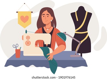 Mujer cosiendo ropa en casa. Ilustración de diseño plano. Vector