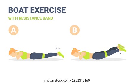 Female Home Workout Back Boat with Resistance Band Exercise Guidance. Girls Back Strength Fitness Workout Routine Vector Colorful Illustration.