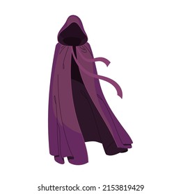 Female Hooded Cloak Of Magic Character. Vector Illustration Of Clothes Flying On Wind. Cartoon Dracula Cloak, Superhero Cape With Hood Isolated On White