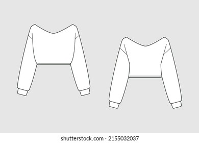 Female hoodie, sweatshirt, pullover vector template isolated on a grey background. Front and back view. Outline fashion technical sketch of clothes model.
