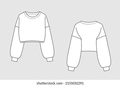 Weibliche Schuhe, Sweatshirt, Pullover-Vektorvorlage einzeln auf grauem Hintergrund. Vorder- und Rückseite. Outline Mode technischen Skizze der Kleidung Modell.