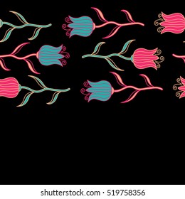 Female horizontal pattern. Handmade. Seamless pattern with blue, pink and beige flowers watercolor. Gentle colors.