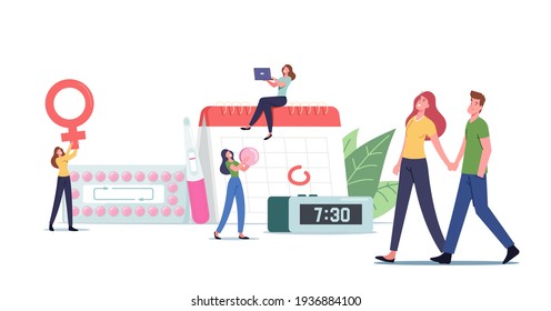Female Hormonal Contraception Concept. Woman Apply Oral Contraceptives For Birth Fertility Control, Happy Couple Man And Woman Characters Holding Hands, Test. Cartoon People Vector Illustration