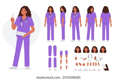 Enfermera de hospital con jeringa. Constructor de personajes para animación. Conjunto de vista frontal, lateral y trasera. Partes del cuerpo, posturas, poses de colección. Ilustración vectorial.