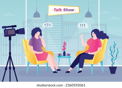 Female host asks famous celebrity on TV show. Popular woman-star gives interview to television presenter in broadcast studio. Internet interview, online channel concept. Talk show. Blogger and guest.