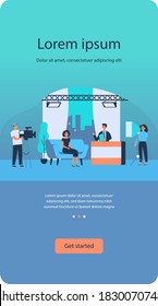Female host on TV studio show isolated flat vector illustration. Cartoon camera crew shooting interview with person. Broadcasting and television concept