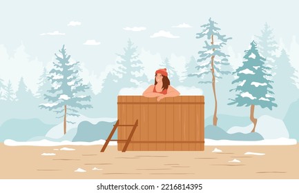 Female in hot bath in winter forest. Young woman in hat, swimsuit, spa in nature in wooden heated barrel tub on patio with snowy landscape, spruce trees. Vector illustration, health care concept.