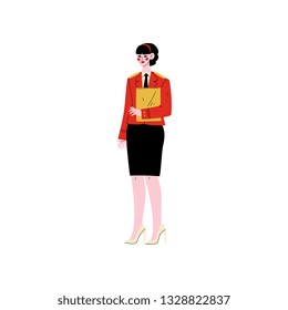 Female Hotel Manager Standing with Clipboard, Hotel Staff Character in Red Uniform Vector Illustration