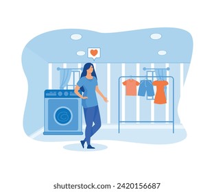 Female hotel staff laundry service, maid ironing guest clothes. flat vector modern illustration 