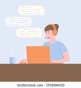 A female hotline operator advises a client. Girl behind a laptop in headphones with a microphone. Online customer support call center. Digital marketing illustration. Flat vector illustration.