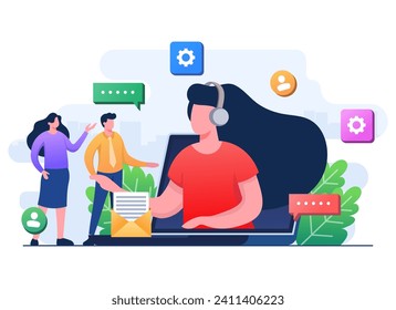 Female hotline operator appears on the laptop screen, Online customer support, Helping to solve problems, Technical support, telemarketing operator, Assistance, Remote consultant, Advice clients