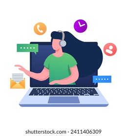 Female hotline operator appears on the laptop screen, Online customer support, Helping to solve problems, Technical support, telemarketing operator, Assistance, Remote consultant, Advice clients