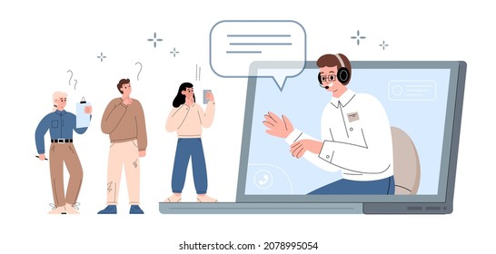 Female hotline operator with headset advising customers. Online clients support 24 7 operator, flat cartoon vector illustration isolated on white background.