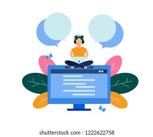 Female hotline operator on remote work communicates with the client or customer in a cozy atmosphere . Technical support concept for web design, decorations