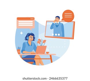 Female hotline operator providing services to clients. 24-hour online global technical support. Hotline operator concept. Flat vector illustration.