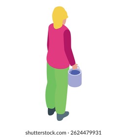 Female house painter carrying a bucket full of paint, isometric vector illustration